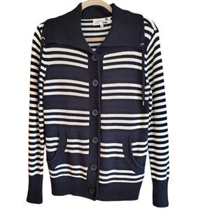 Jones New York Sweater Sz M Black & White Stripe, button closure, pockets | EUC